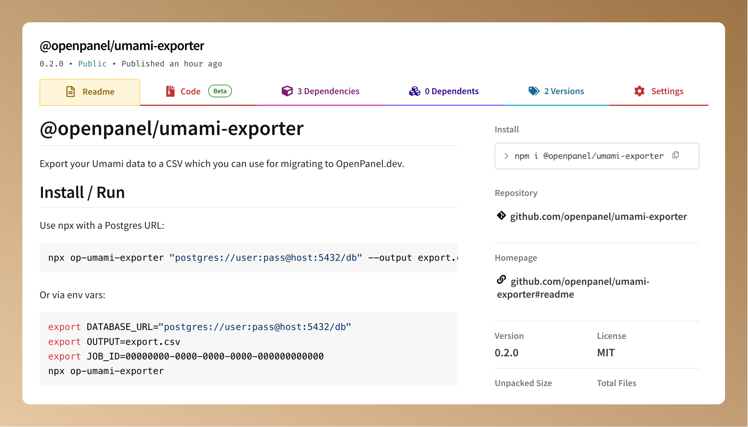 The OpenPanel Umami exporter package on npm