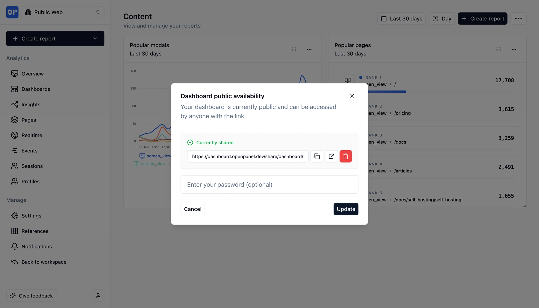 Sharing a dashboard with public or password-protected options