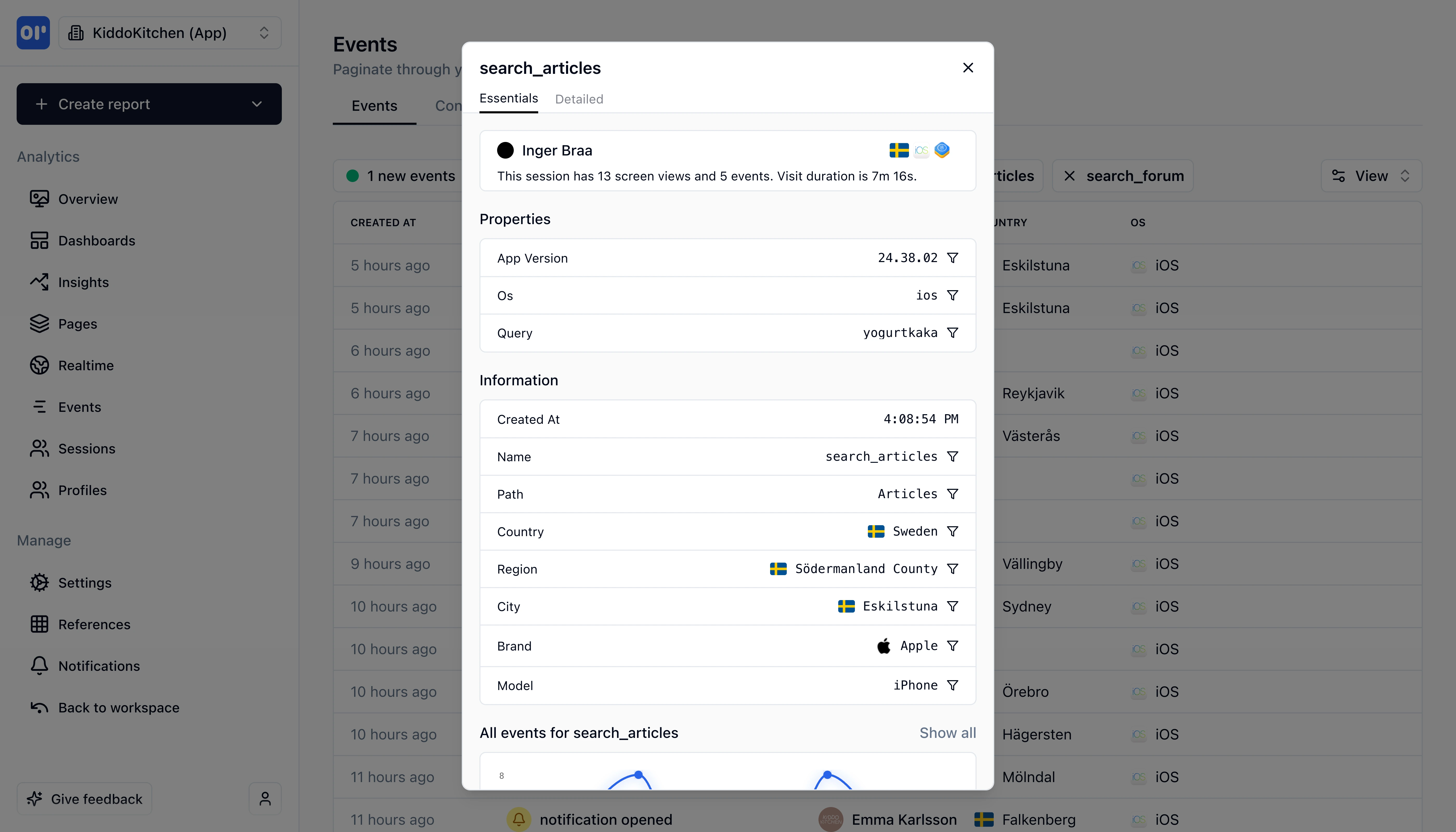 Detailed view of a single event with properties