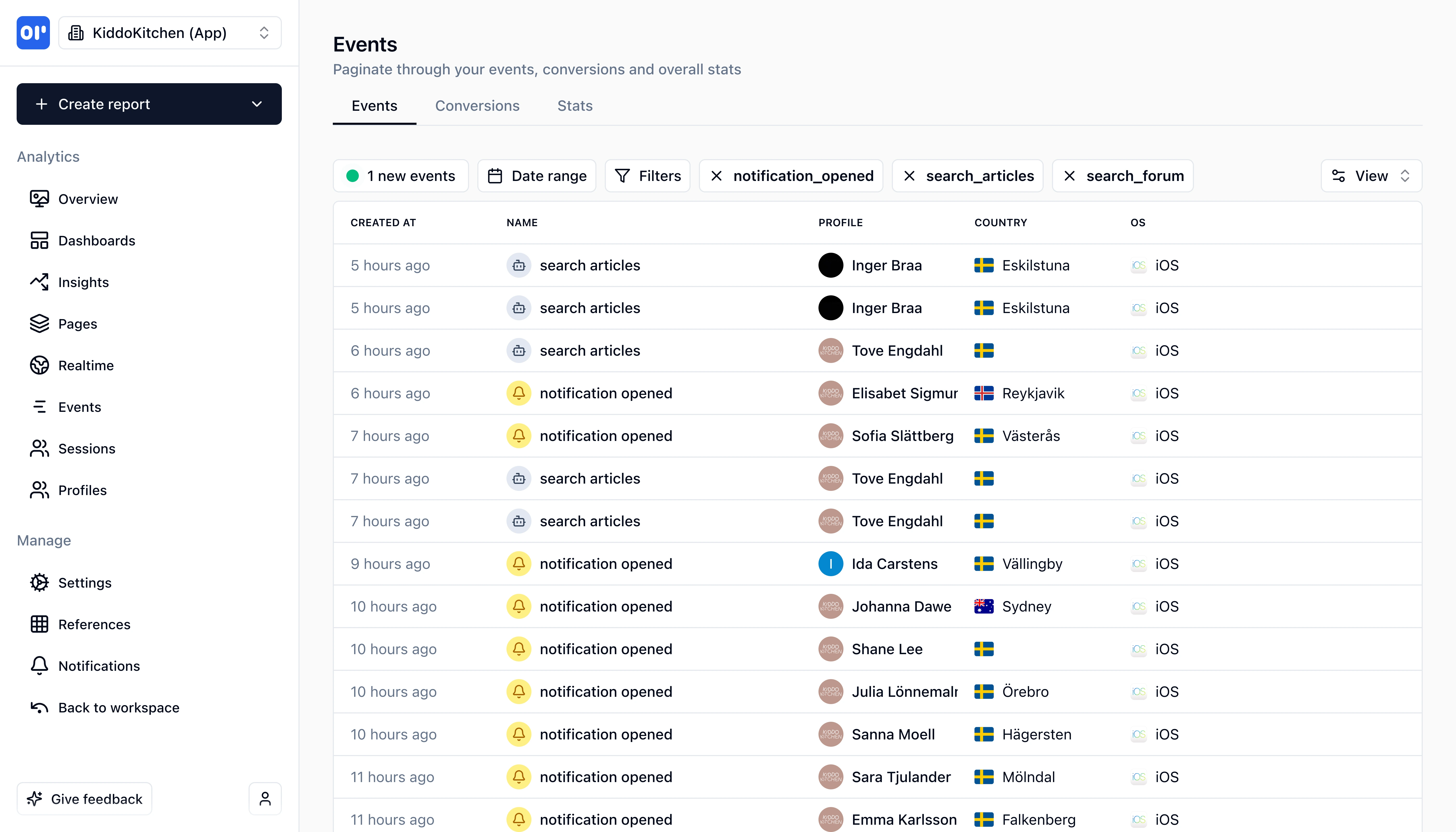 Event list showing tracked user actions in OpenPanel