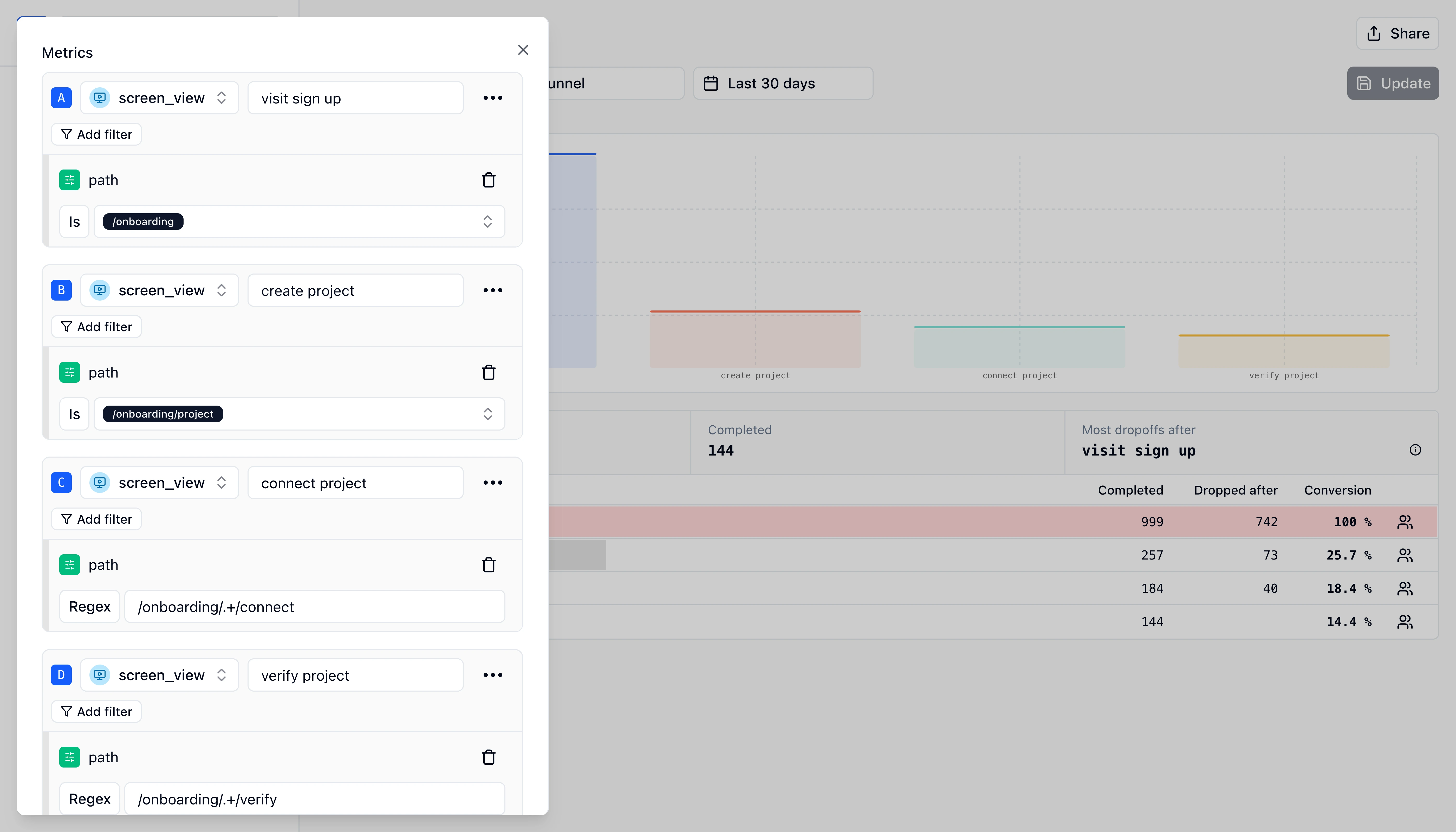 Selecting events to define funnel steps