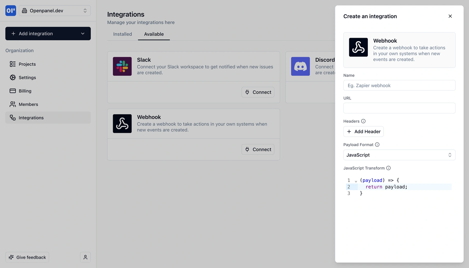 Creating a webhook integration with URL, headers, and JavaScript transform