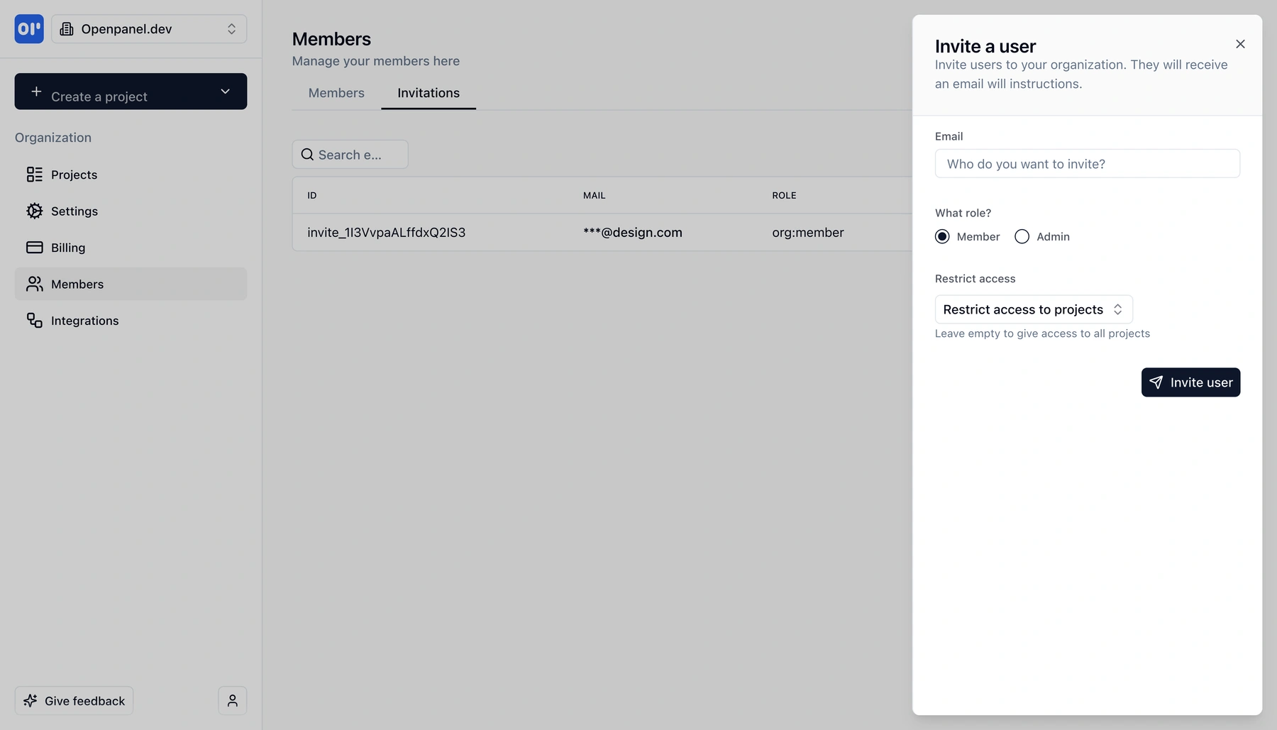Invite a new member by email and set project access