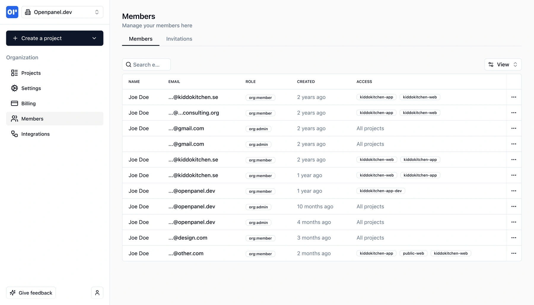 Members list showing team members and their access levels