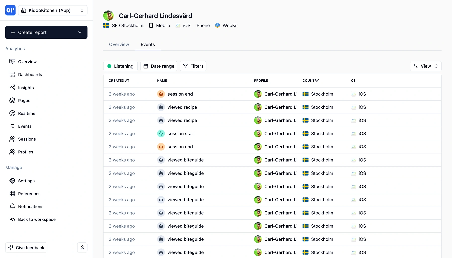 Event stream for an identified user