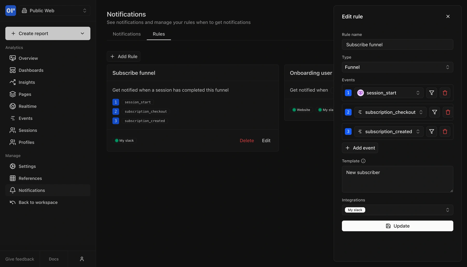 A funnel rule called 'Subscribe funnel' that notifies when a session completes all three steps in order.